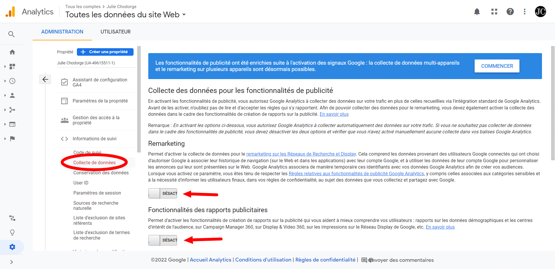 Désactiver le partage des données pour Google Ads
