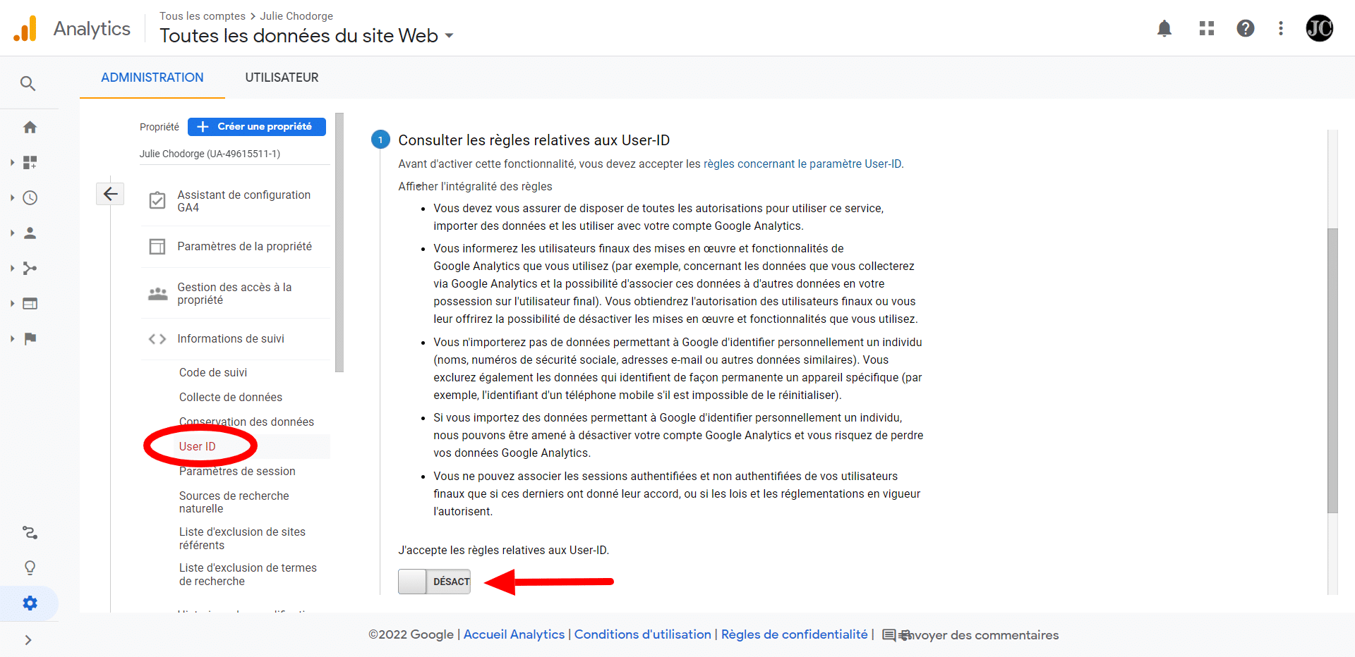 Désactiver la fonction User-ID pour votre propriété Analytics